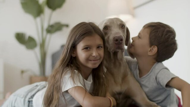 Happy Girl And Boy Hugging And Kissing Their Cute Dog At Home. Front View Of Cheerful Sister And Brother Enjoying Time With Lovely Pet, Stroking Him, Looking At Camera. Love, Domestic Animal Concept