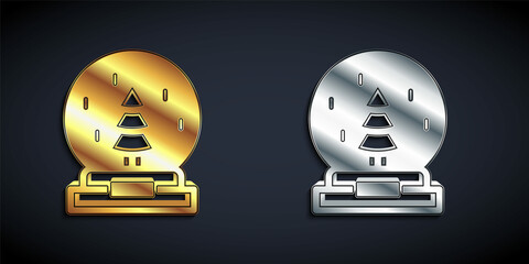 Gold and silver Christmas snow globe with fallen snow and christmas tree icon isolated on black background. Merry Christmas and Happy New Year. Long shadow style. Vector
