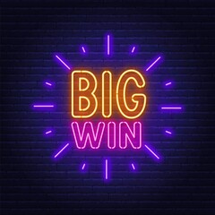Big Win neon sign on brick wall background