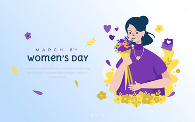Happy women's day with beautiful girl holding flowers flat illustration banner