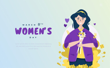 Happy women's day with cute girl holding flowers flat design concept
