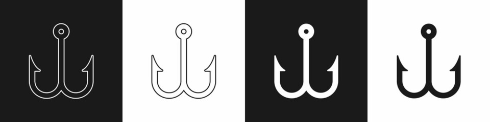 Set Fishing hook icon isolated on black and white background. Fishing tackle. Vector