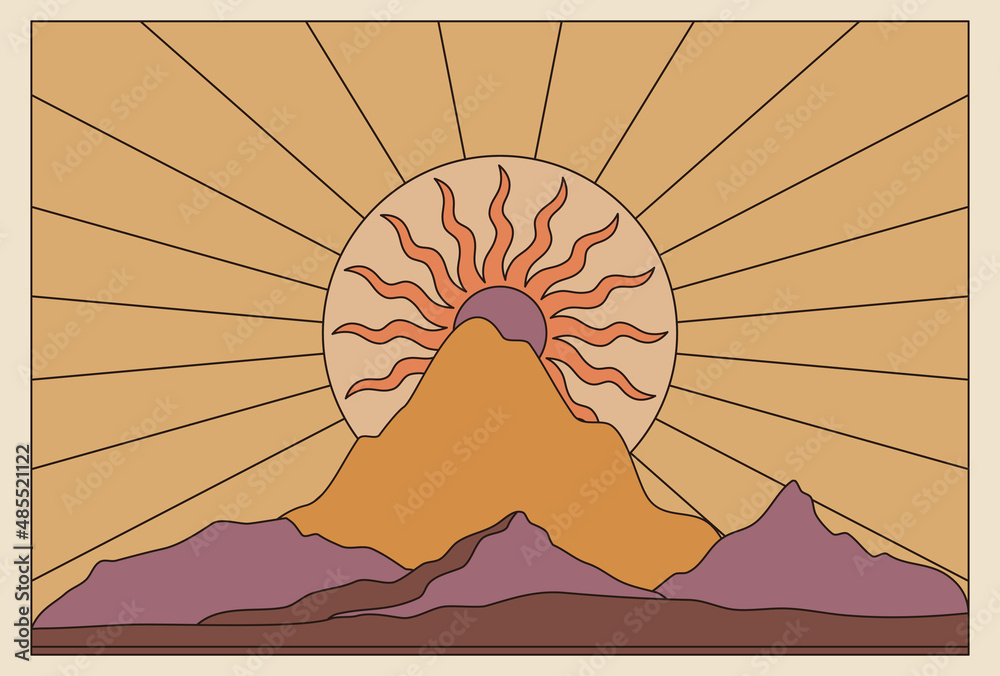 Aufkleber Vector illustration in simple line style - boho abstract print - simple natural landscape with mountains and hills