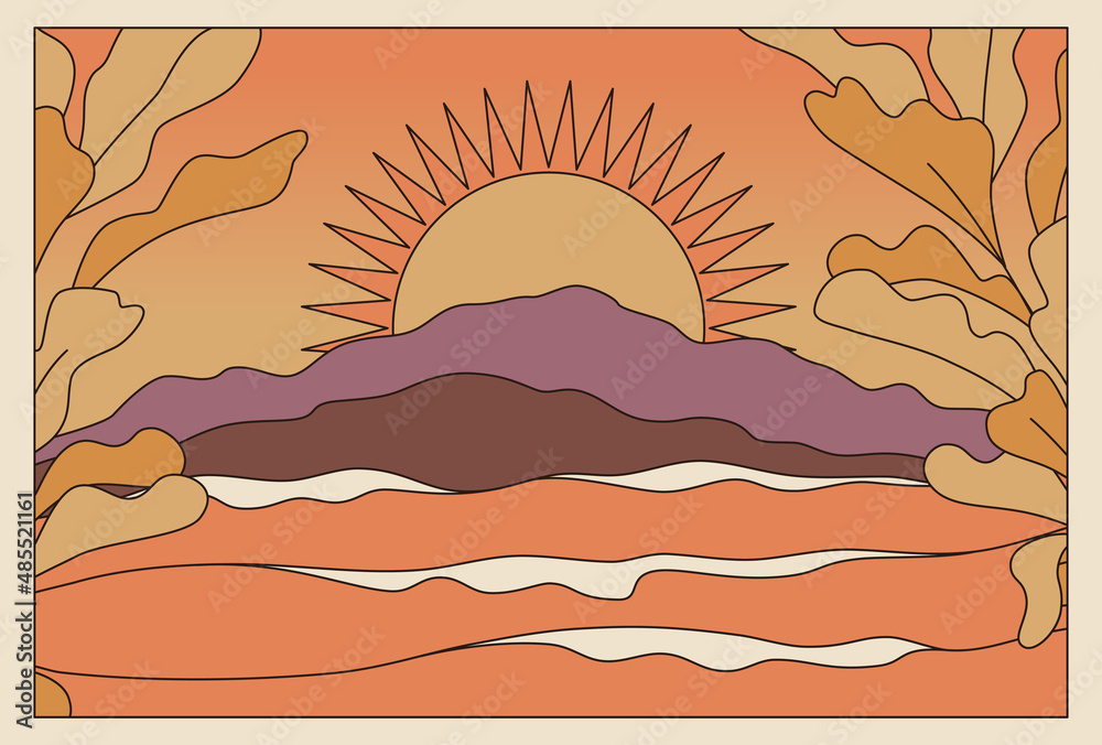 Aufkleber Vector illustration in simple line style - boho abstract print - simple natural landscape with mountains and hills