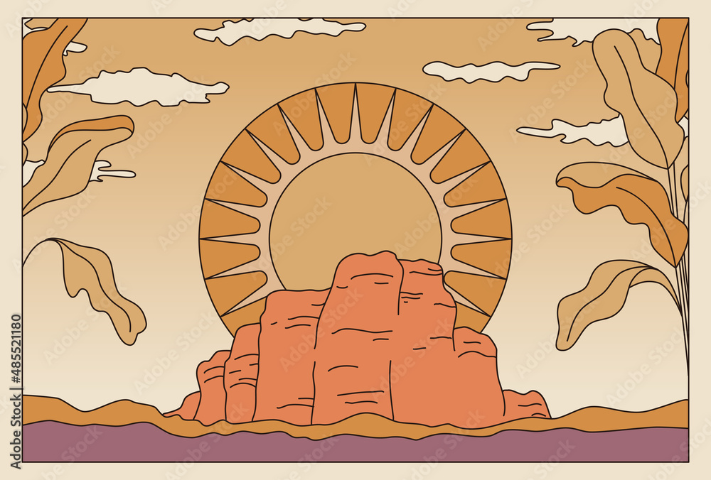 Poster Vector illustration in simple line style - boho abstract print - simple natural landscape with mountains and hills
