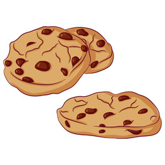 Vector cartoon illustration of cookies with chocolate chips isolated on white. Bake dessert product for lunch, breakfast. Baked goods food Icon. Design for cookbook, restaurant business
