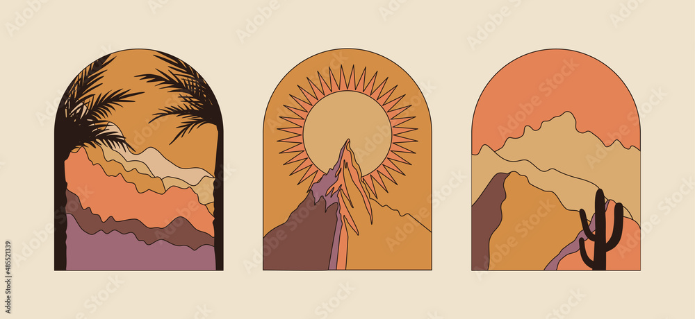 Aufkleber Vector illustration in simple line style - boho abstract print - simple natural landscape with mountains and hills