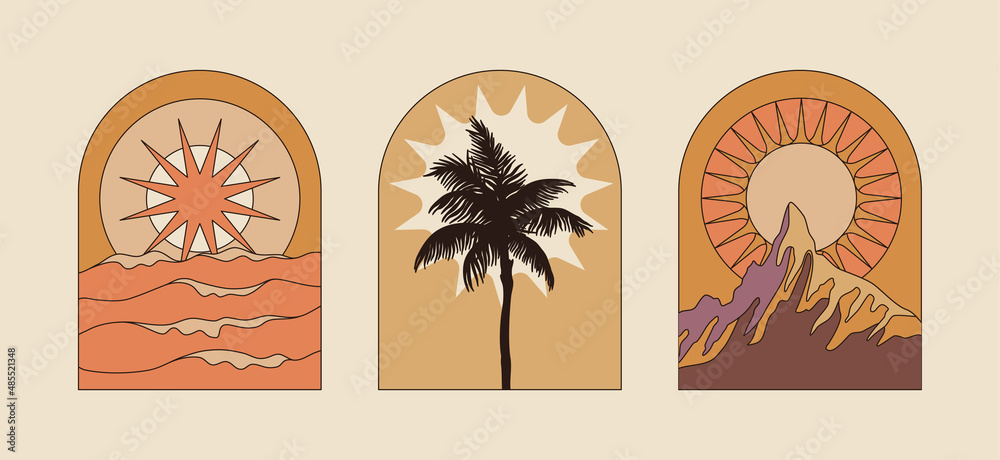 Aufkleber Vector illustration in simple line style - boho abstract print - simple natural landscape with mountains and hills