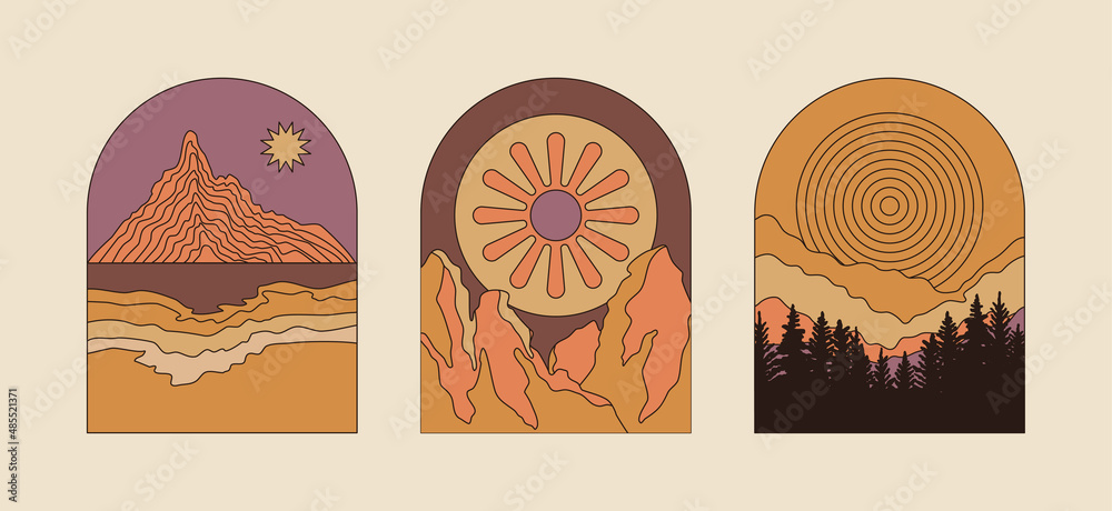 Aufkleber Vector illustration in simple line style - boho abstract print - simple natural landscape with mountains and hills