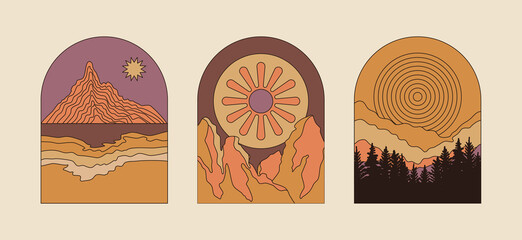 Vector illustration in simple line style - boho abstract print - simple natural landscape with mountains and hills © venimo