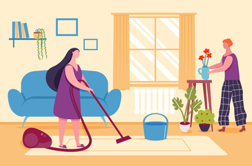 Home activities. Woman vacuuming carpet, doing household chores. Character taking care of plants and flowers. Couple doing cleanup in living room in apartment vector. Person with hoover