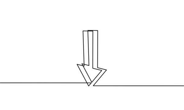 Continuous line drawing of arrow go down, decrease in income business, object one line, vector illustration
