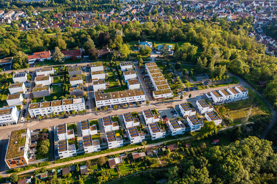 Germany, Baden-Wurttemberg, Esslingen am Neckar, Aerial view of new development area Sonnensiedlung Egert