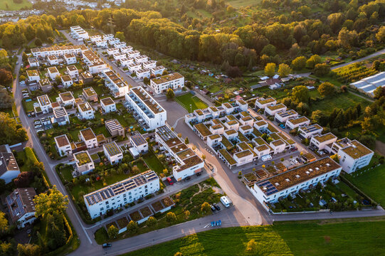Germany, Baden-Wurttemberg, Esslingen am Neckar, Aerial view of new development area Sonnensiedlung Egert at dusk