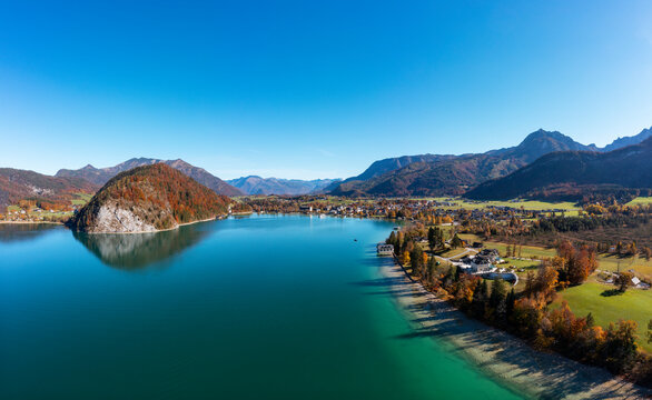Austria, Salzburg, Strobl, Drone view of Lake Wolfgang and surrounding landscape in autumn