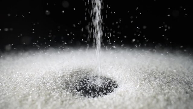 Particles of white dry sand pour in stream, hit the surface and scatter in different directions on an isolated black background. Close up shot of crumbling natural sand grains. Flow of white sand.