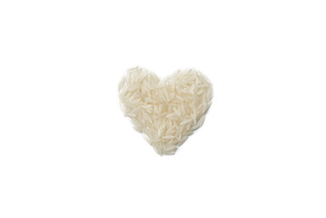 Long grain jasmine rice folded into a heart shape on a white isolated background, top view.