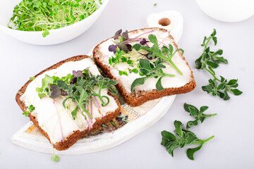 Microgreen sprouts on a sandwich on a light background. Sandwiches made of cheese, bread and microgreens
