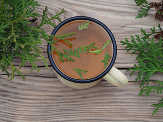 Thuja branches and herbal tea drink in a mug on a wooden background, top view. Natural medicinal plants for use in therapy, alternative medicine, homeopathy and cosmetology