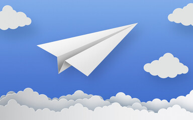 Naklejka na ściany i meble Paper plane and clouds on a blue sky