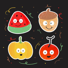Vector illustrations Hand drawn of design cartoon characters.  stamps or stickers with abstract funny cute comic characters.
