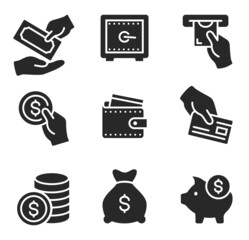 Money and finance icon. Currency exchange, payment and profit silhouette symbols. Hand giving money banknote, holding coin. Piggy bank for savings, big sack with income isolated vector set