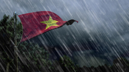 flag of Vietnam with rain and dark clouds, storm forecast symbol - nature 3D illustration