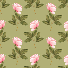 Fototapeta na wymiar Seamless pattern of pink flowers and green leaves. Floral background.