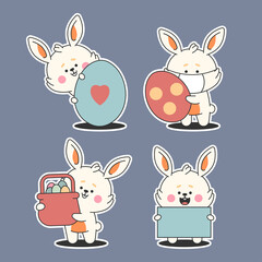 Easter bunny with eggs and basket vector cartoon stickers set isolated on background.