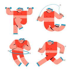 Cute woman doing fitness exercise vector cartoon characters set isolated on a white background.