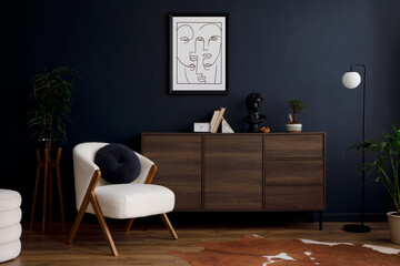 Creative composition of modern living room interior design with mockup poster frame, wooden...