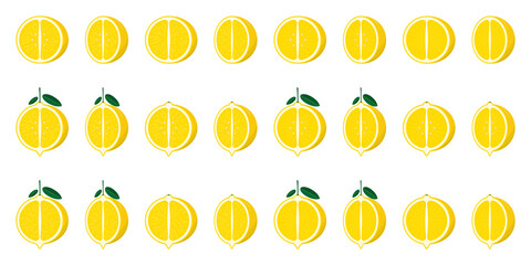 A set of sliced lemon halves from different angles. Citrus fruits with seeds and leaves. Variable slice texture. Isolated vector illustration.