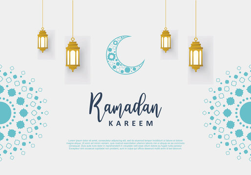 Ramadan Kareem islamic design banner with blue islamic ornament, blue crescent moon and golden lantern isolated on grey background.