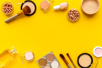 Flat lay of decorative makeup cosmetic products, top view