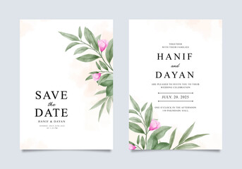 Elegant wedding invitation with watercolor green foliage decoration