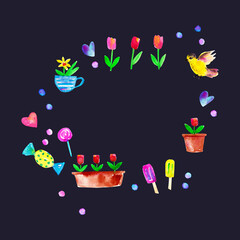 Spring season wreath background with flowers, bird, hearts, candy, popsicles, tulips, daffodils.