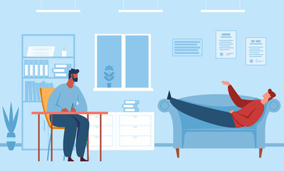 People at therapy session. Man lying on sofa and talking to male psychologist. Patient having depression, doctor supporting character and providing psychological help vector, medical assistance