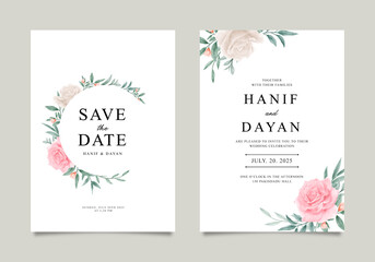 Minimalist wedding invitations set with a beautiful arrangement of roses and green leaves