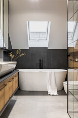 Stylish interior of bathroom with bathtub, shower, towels and other personal bathroom accessories. Modern and design interior concept. Roof window. Template.
