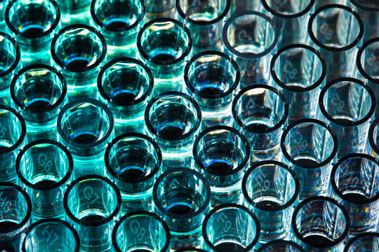Test tubes in laboratory, 96 microwells microplate with ABTS