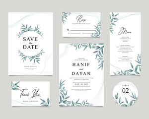 Fototapeta na wymiar Wedding invitation card set of templates with watercolor foliage decoration