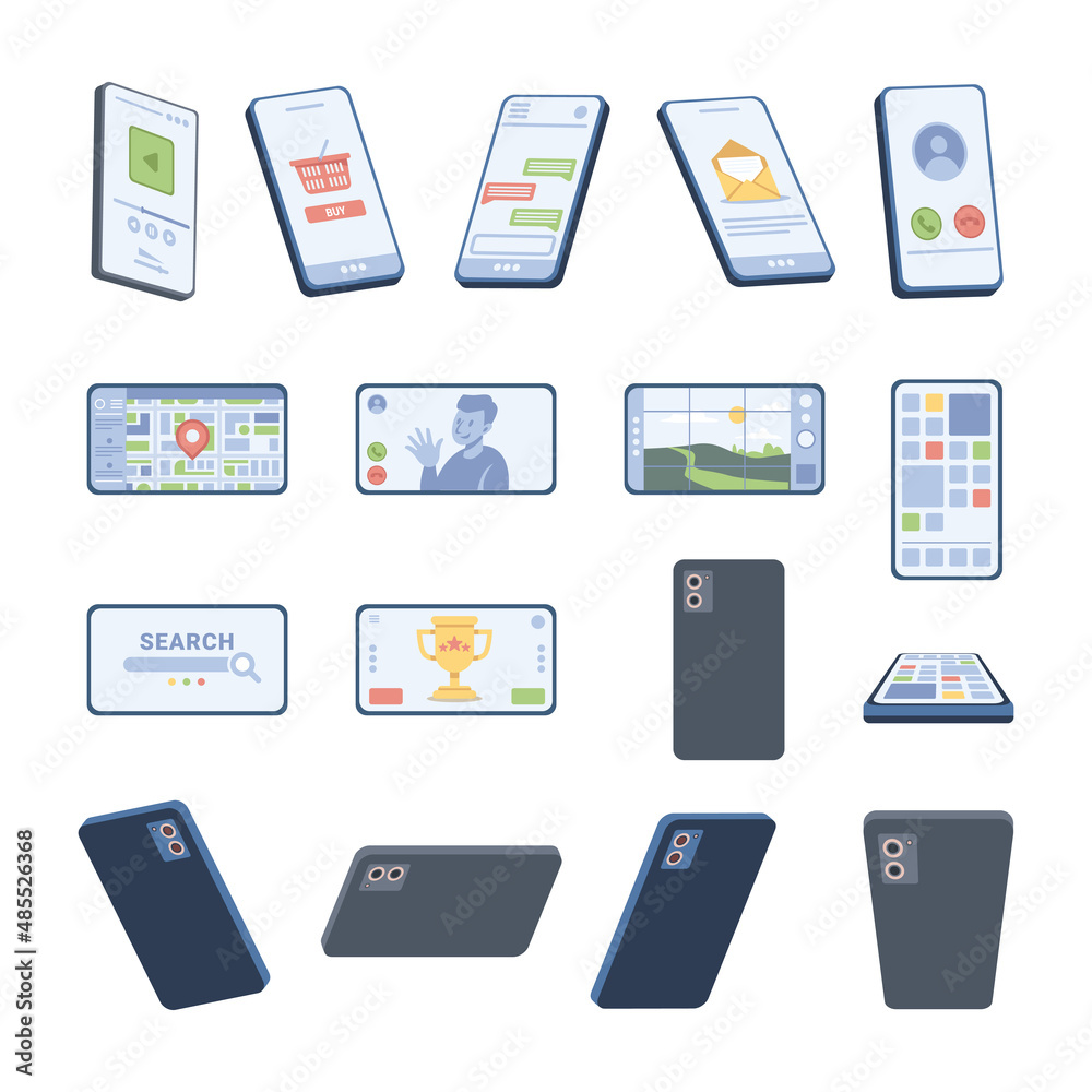 Poster Applications on gadgets, isolated set of smartphones on different angles. Vector back and front left and right sides. Mobile phone with screen and apps, tablets and screens of cellphones. Flat cartoon