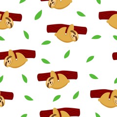 Seamless pattern of sloths hanging on tree branch and green leaves. White background. Cartoon character. Cute and funny. Summer and spring. For wallpaper, textile, scrapbooking and wrapping paper