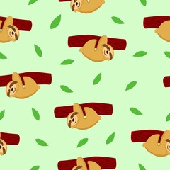 Seamless pattern of sloths hanging on tree branch and green leaves. Pastel green background. Cartoon style. Cute and funny. Summer and spring. For wallpaper, textile, scrapbooking and wrapping paper