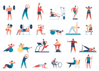 Fototapeta na wymiar People exercise in gym. Female and male characters leading healthy lifestyle. Men training with barbell, weight, running on treadmill. Women doing yoga, woking out with dumbbells vector set