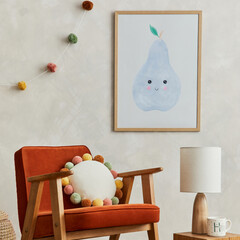 Creative composition of cozy scandinavian child's room interior with mock up poster frame, red...