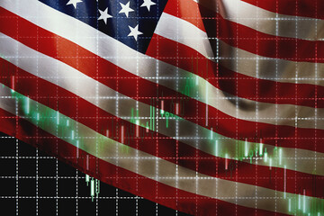 Fototapeta na wymiar USA flag on background with stock market graph, Forex trading and investment concept