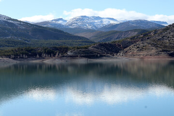 snowy mountain and lake landscape