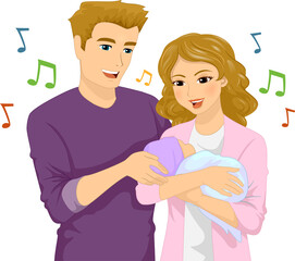 Couple Girl Man Sing Baby Sleep Illustration