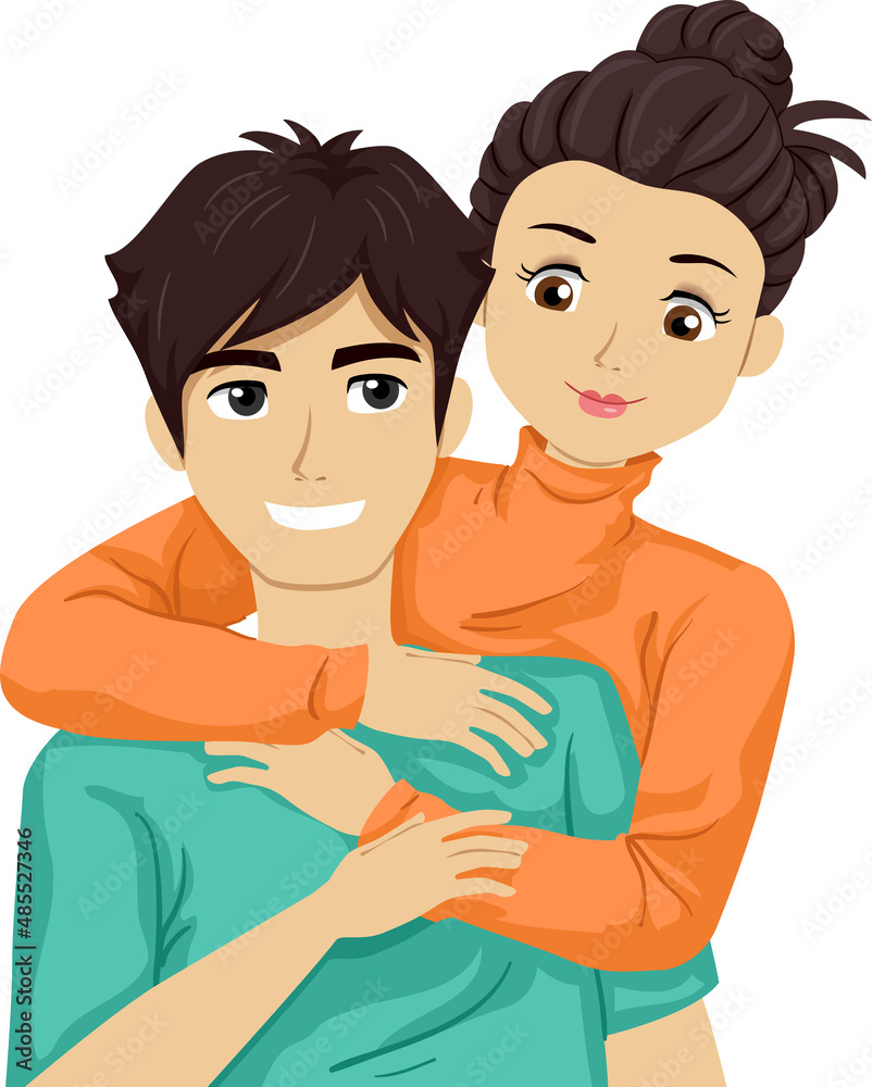 Sticker Teen Girl Couple Back Hug Illustration